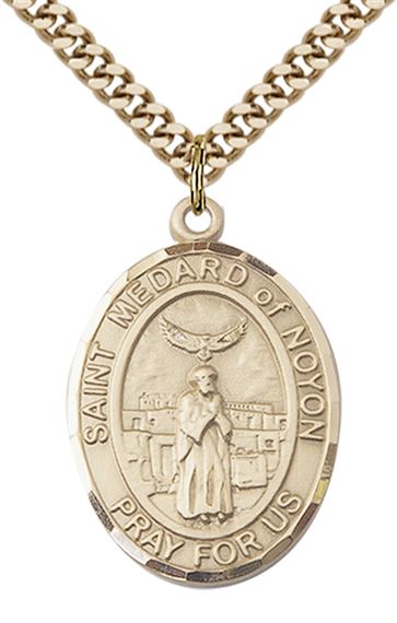 14KT GOLD FILLED ST MEDARD OF NOYON PENDANT WITH CHAIN - 1" x 3/4"