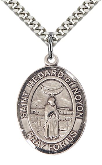 STERLING SILVER ST MEDARD OF NOYON PENDANT WITH CHAIN - 1" x 3/4"
