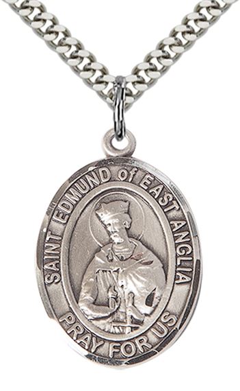 STERLING SILVER ST EDMUND OF EAST ANGLIA PENDANT WITH CHAIN - 1" x 3/4"
