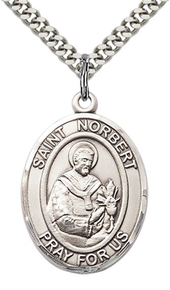 STERLING SILVER ST NORBERT OF XANTEN PENDANT WITH CHAIN - 1" x 3/4"