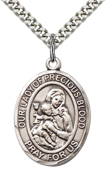 STERLING SILVER OUR LADY OF THE PRECIOUS BLOOD PENDANT WITH CHAIN - 1" x 3/4"