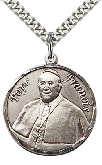 STERLING SILVER POPE FRANCIS PENDANT WITH CHAIN - 1" x 7/8"