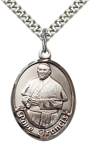 STERLING SILVER POPE FRANCIS PENDANT WITH CHAIN - 1" x 3/4"