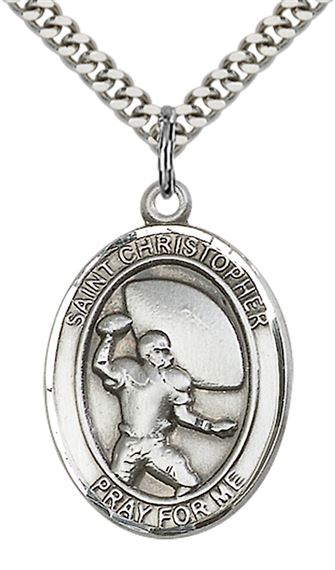 STERLING SILVER ST CHRISTPHER FOOTBALL MEDAL - 1" x 3/4"