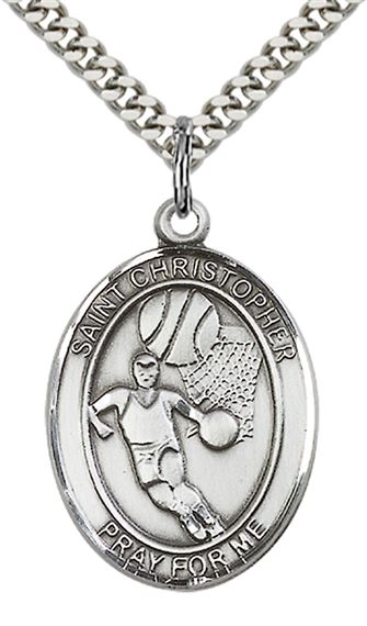 STERLING SILVER ST CHRISTOPHER BASKETBALL MEDAL - 1" x 3/4"