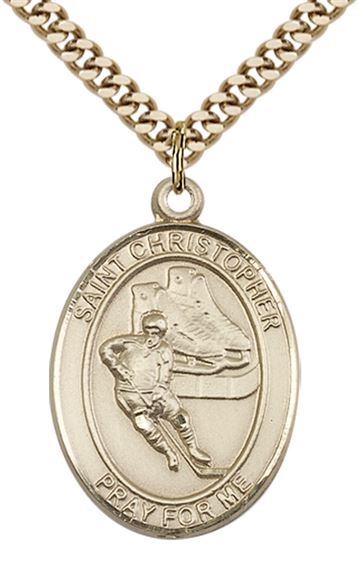 14KT GOLD FILLED ST CHRISTOPHER HOCKEY MEDAL - 1" x 3/4"