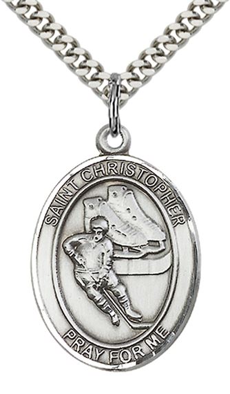 STERLING SILVER ST CHRISTOPHER HOCKEY MEDAL - 1" x 3/4"