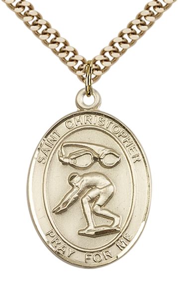 14KT GOLD FILLED ST CHRISTOPHER SWIMMING MEDAL - 1" x 3/4"