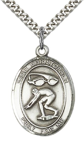 STERLING SILVER ST CHRISTOPHER SWIMMING MEDAL - 1" x 3/4"