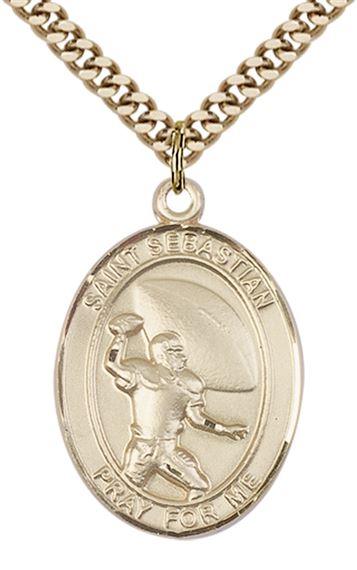 14KT GOLD FILLED ST SEBASTIAN FOOTBALL MEDAL - 1" x 3/4"