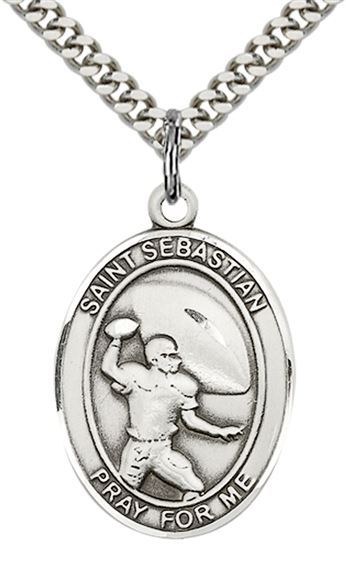 STERLING SILVER ST SEBASTIAN FOOTBALL MEDAL - 1" x 3/4"