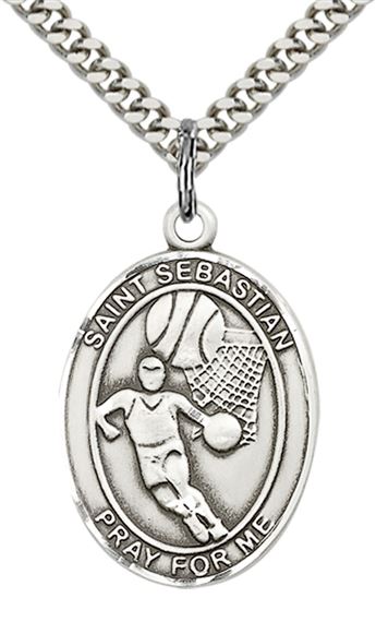 STERLING SILVER ST SEBASTIAN BASKETBALL MEDAL - 1" x 3/4"