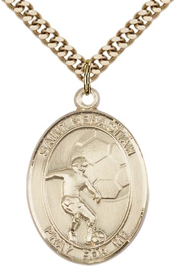 14KT GOLD FILLED ST SEBASTIAN SOCCER MEDAL - 1" x 3/4"