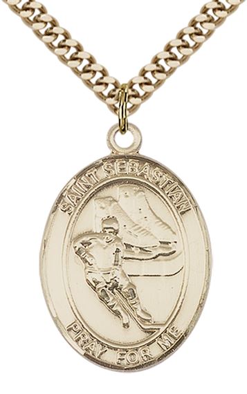 14KT GOLD FILLED ST SEBASTIAN HOCKEY MEDAL - 1" x 3/4"