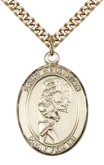 14KT GOLD FILLED ST SEBASTIAN SOFTBALL MEDAL - 1" x 3/4"