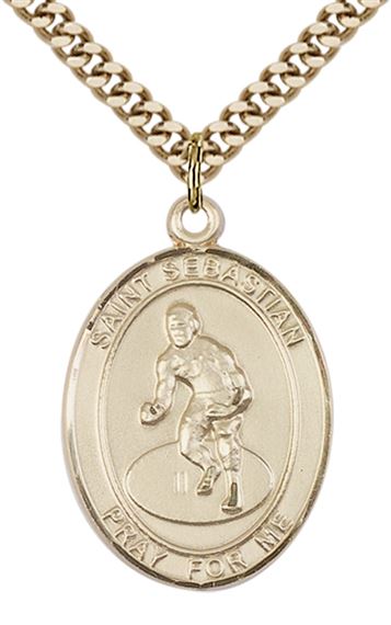 14KT GOLD FILLED ST SEBASTIAN WRESTLING MEDAL - 1" x 3/4"