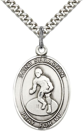 STERLING SILVER ST SEBASTIAN WRESTLING MEDAL - 1" x 3/4"