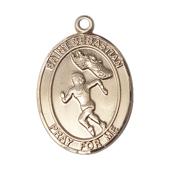 14KT GOLD ST SEBASTIAN TRACK AND FIELD MEDAL - 1" x 3/4"