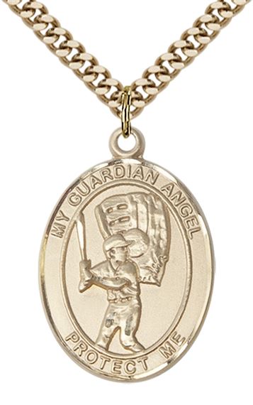 14KT GOLD FILLED GUARDIAN ANGEL BASEBALL PENDANT WITH CHAIN - 1" x 3/4"