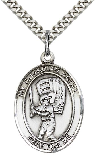 STERLING SILVER GUARDIAN ANGEL BASEBALL PENDANT WITH CHAIN - 1" x 3/4"