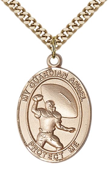 14KT GOLD FILLED GUARDIAN ANGEL FOOTBALL PENDANT WITH CHAIN - 1" x 3/4"
