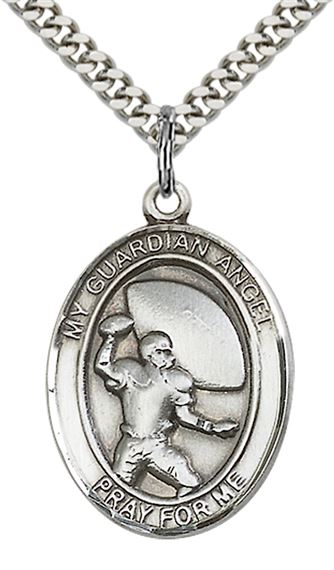 STERLING SILVER GUARDIAN ANGEL FOOTBALL PENDANT WITH CHAIN - 1" x 3/4"