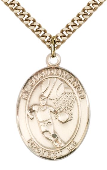 14KT GOLD FILLED GUARDIAN ANGEL BASKETBALL PENDANT WITH CHAIN - 1" x 3/4"