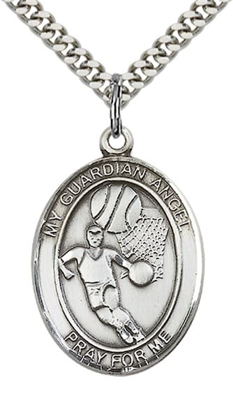 STERLING SILVER GUARDIAN ANGEL BASKETBALL PENDANT WITH CHAIN - 1" x 3/4"