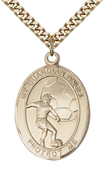 14KT GOLD FILLED GUARDIAN ANGEL SOCCER PENDANT WITH CHAIN - 1" x 3/4"