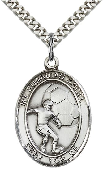 STERLING SILVER GUARDIAN ANGEL SOCCER PENDANT WITH CHAIN - 1" x 3/4"