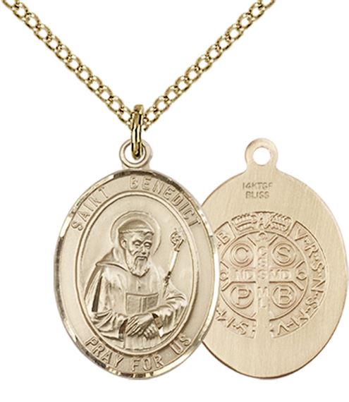 14KT GOLD FILLED ST BENEDICT PENDANT WITH CHAIN - 3/4" x 1/2"