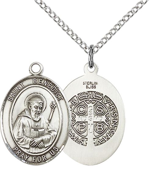 STERLING SILVER ST BENEDICT PENDANT WITH CHAIN - 3/4" x 1/2"