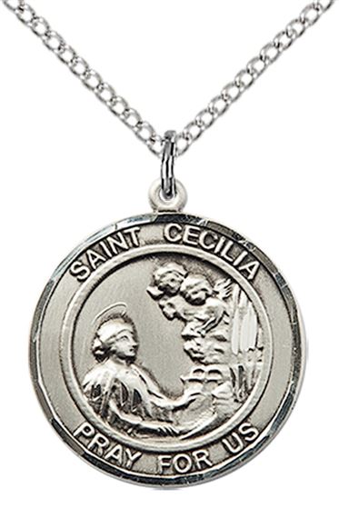 STERLING SILVER ST CECILIA PENDANT WITH CHAIN - 3/4" x 5/8"