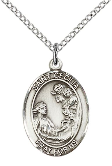 STERLING SILVER ST CECILIA PENDANT WITH CHAIN - 3/4" x 1/2"