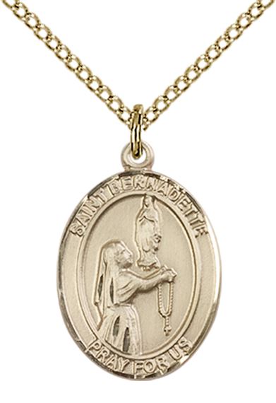 14KT GOLD FILLED ST BERNADETTE PENDANT WITH CHAIN - 3/4" x 1/2"