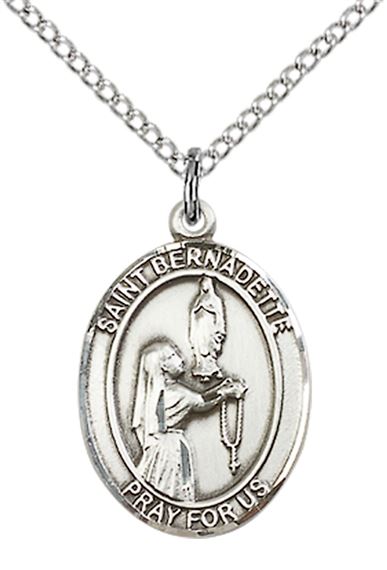 STERLING SILVER ST BERNADETTE PENDANT WITH CHAIN - 3/4" x 1/2"