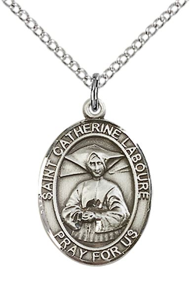 STERLING SILVER ST CATHERINE LABOURE PENDANT WITH CHAIN - 3/4" x 1/2"