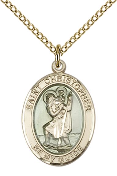 14KT GOLD FILLED ST CHRISTOPHER W-EPOXY PENDANT WITH CHAIN - 3/4" x 1/2"