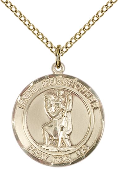 14KT GOLD FILLED ST CHRISTOPHER PENDANT WITH CHAIN - 3/4" x 5/8"