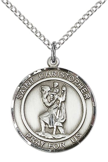 STERLING SILVER ST CHRISTOPHER PENDANT WITH CHAIN - 3/4" x 5/8"