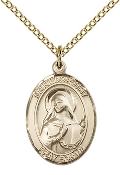 14KT GOLD FILLED ST DOROTHY PENDANT WITH CHAIN - 3/4" x 1/2"