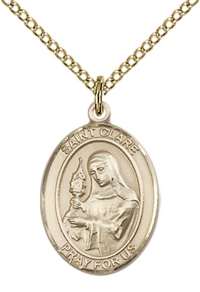 14KT GOLD FILLED ST CLARE OF ASSISI PENDANT WITH CHAIN - 3/4" x 1/2"