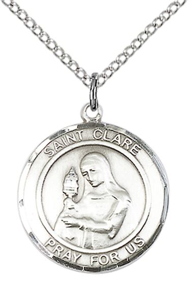 STERLING SILVER ST CLARE OF ASSISI PENDANT WITH CHAIN - 3/4" x 5/8"