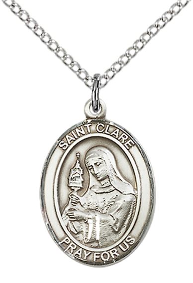 STERLING SILVER ST CLARE OF ASSISI PENDANT WITH CHAIN - 3/4" x 1/2"