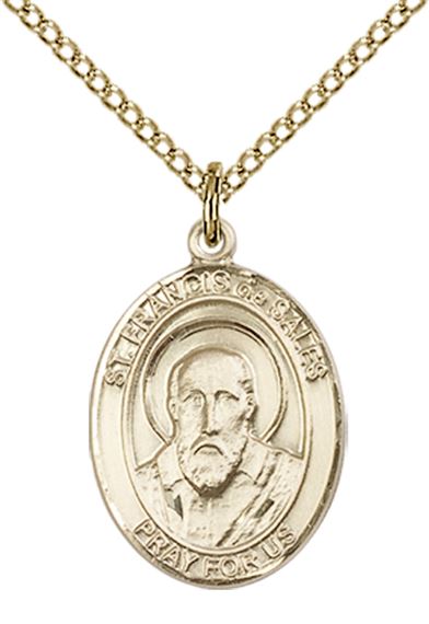 14KT GOLD FILLED ST FRANCIS DE SALES PENDANT WITH CHAIN - 3/4" x 1/2"