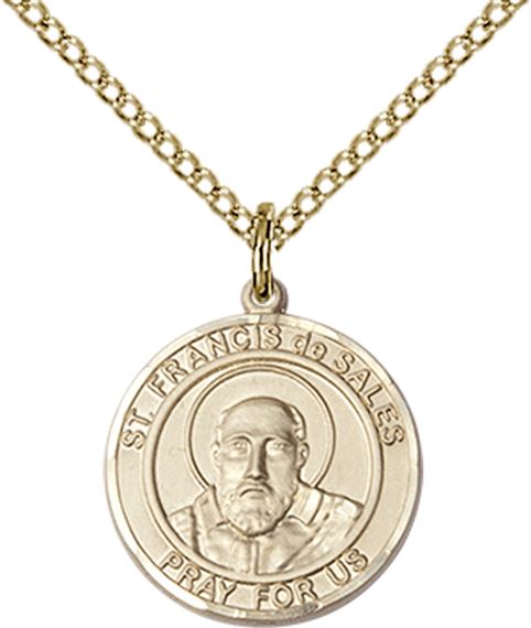 14KT GOLD FILLED ST FRANCIS DE SALES PENDANT WITH CHAIN - 3/4" x 5/8"