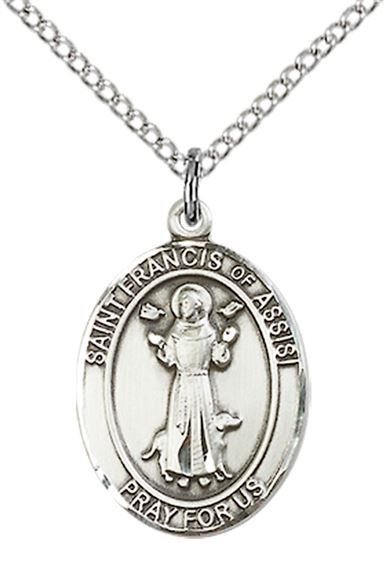 STERLING SILVER ST FRANCIS OF ASSISI PENDANT WITH CHAIN - 3/4" x 1/2"