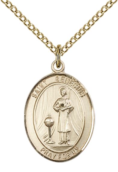14KT GOLD FILLED ST GENESIUS OF ROME PENDANT WITH CHAIN - 3/4" x 1/2"