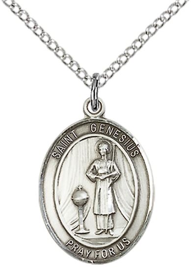 STERLING SILVER ST GENESIUS OF ROME PENDANT WITH CHAIN - 3/4" x 1/2"