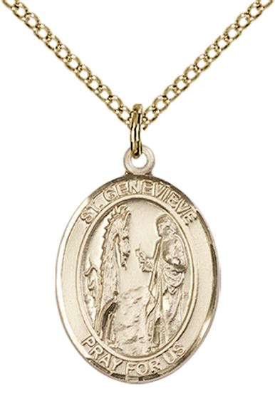 14KT GOLD FILLED ST GENEVIEVE PENDANT WITH CHAIN - 3/4" x 1/2"